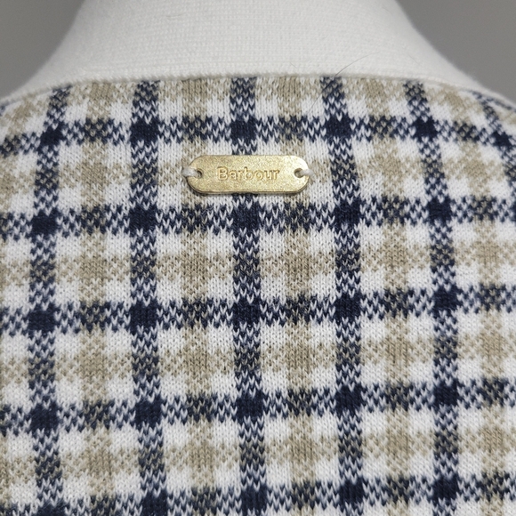 Barbour Women's Hebrides Plaid Cotton Cardigan Size 12 Cream Black Green Preppy - Picture 11 of 13